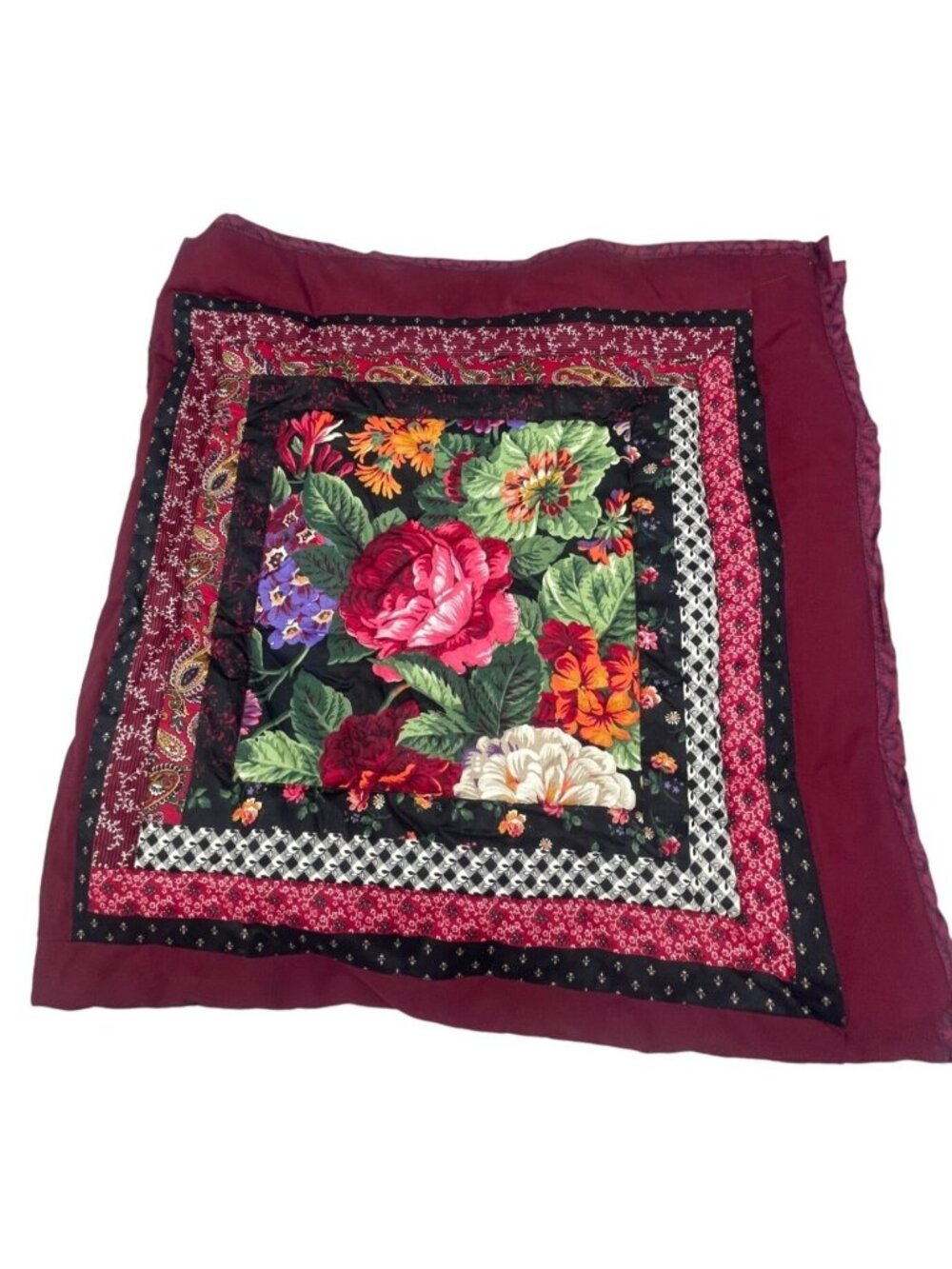 handmade baby blanket throw fashioned by Peggy Hanson patchwork floral red READ